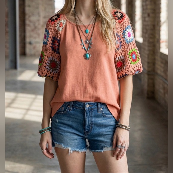 NWT UMGEE Boho Festival Hippie Granny Crochet Tile Linen Cotton Blend Top Shirt - Picture 8 of 8